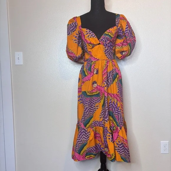 FARM RIO Macaw Puff-Sleeve Orange Midi Dress Size Large‎